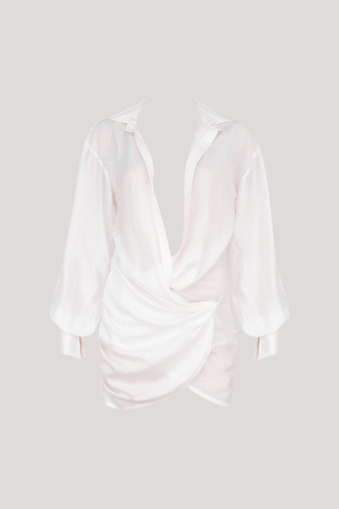 Adler Plunge Ruch Cross Mini Shirt Dress