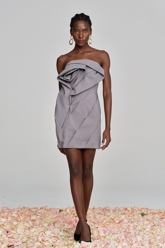 Aeronwen Flower Strapless Ruch Mini Dress In Grey
