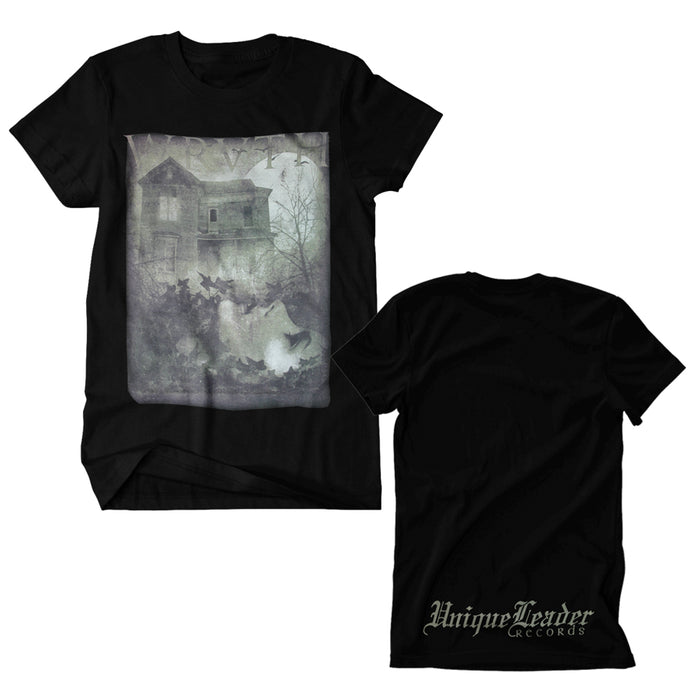 Black WRVTH t-shirt featuring a faded, eerie illustration of an old house and bare trees on the front; Unique Leader Records appears in stylized silver lettering on the lower back.