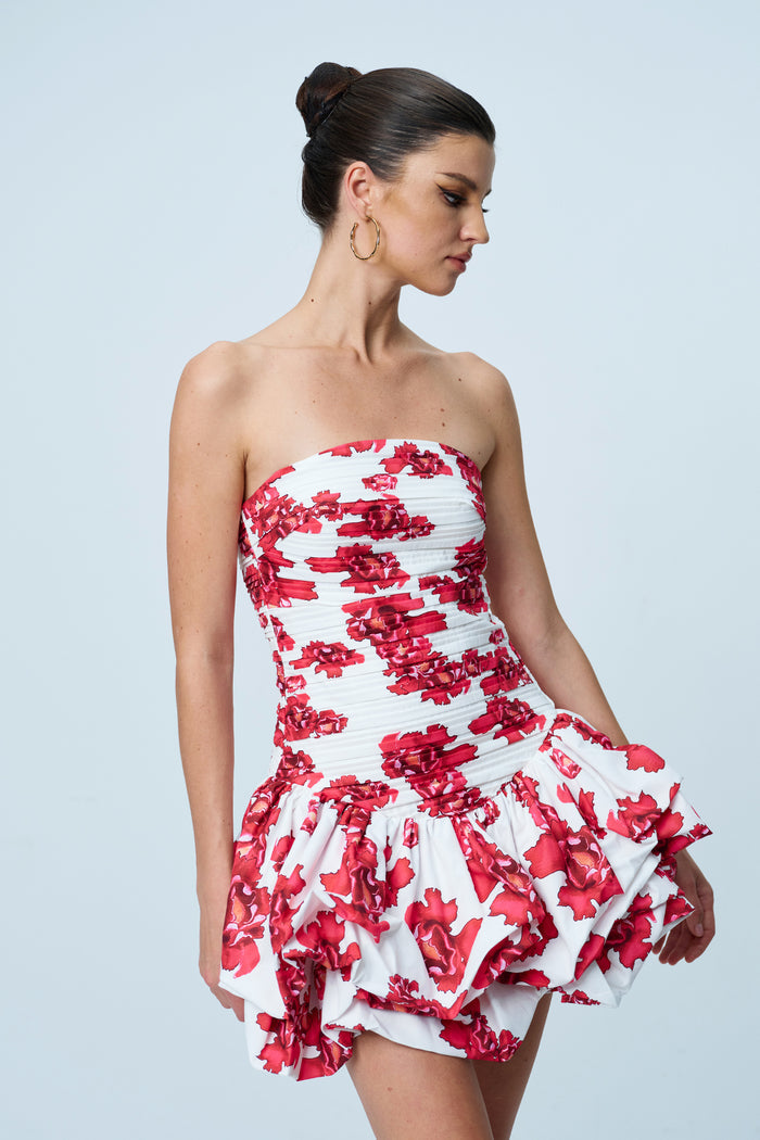 Americus Floral Ruch Strapless Mini Dress In Red