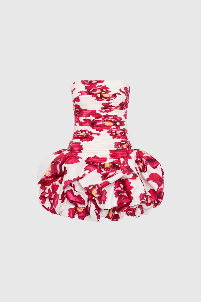 Americus Floral Ruch Strapless Mini Dress In Red