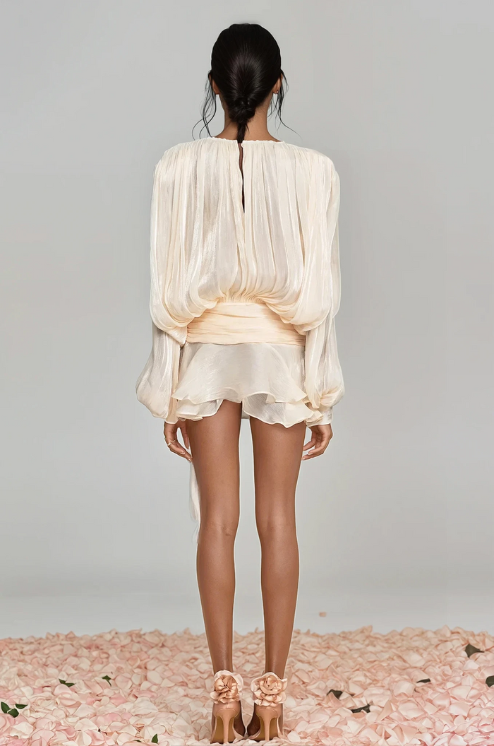 Aminah Balloon Sleeve Ruch Ruffle Mini Dress In Apricot