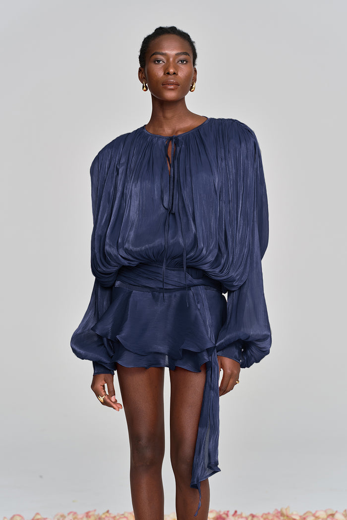 Aminah Balloon Sleeve Ruch Ruffle Mini Dress In Navy