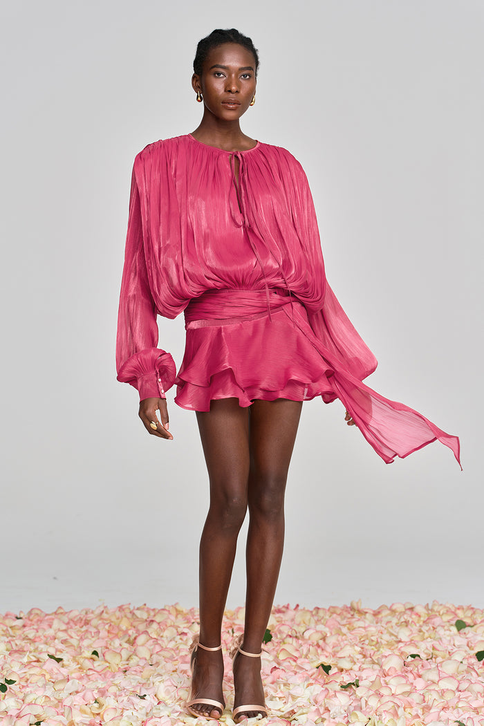 Aminah Balloon Sleeve Ruch Ruffle Mini Dress In Rose Red