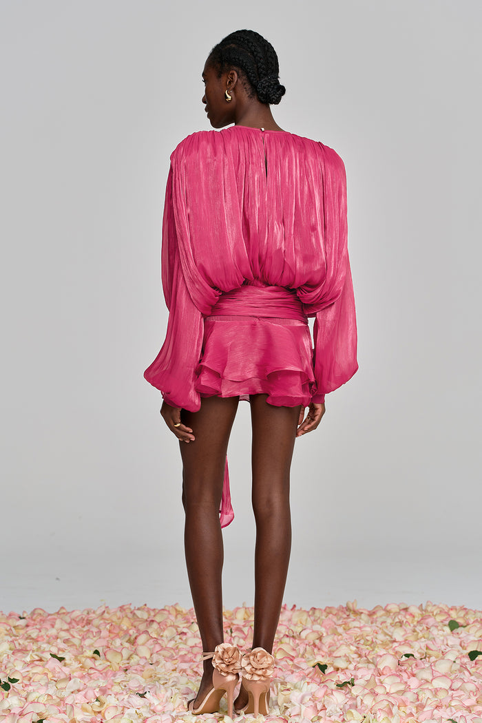 Aminah Balloon Sleeve Ruch Ruffle Mini Dress In Rose Red
