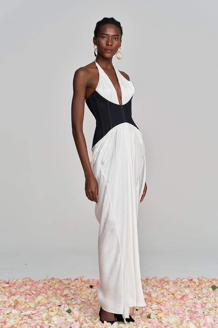Aminia Halter Neck Ruch Deconstruct Maxi Dress