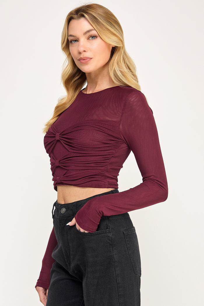 Amora Bandeau Top - Sheer Mesh Long Sleeve Ruched Detail