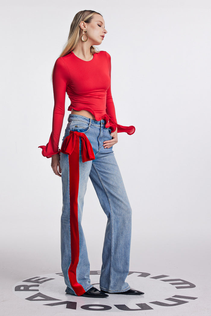 Amporn Bow Deconstruct Jeans In Red