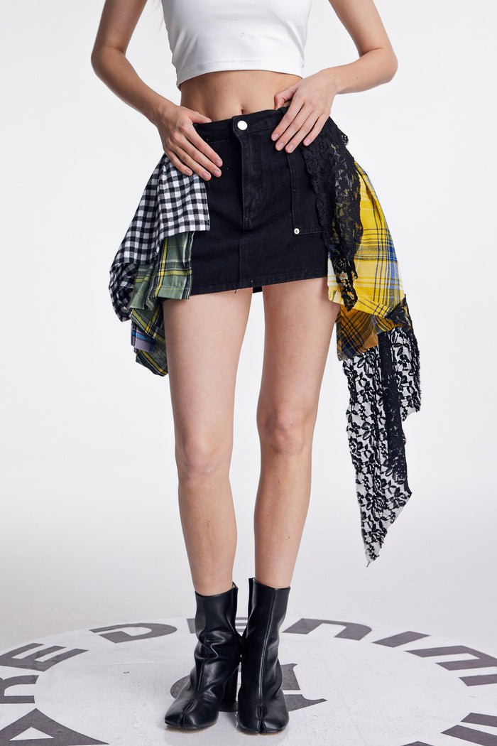 Amun Lace Grid Deconstruct Denim Skirt In Black