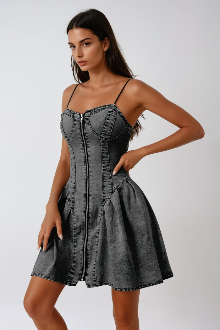 Ange Zipper Spaghetti Ruffle Denim Mini Dress