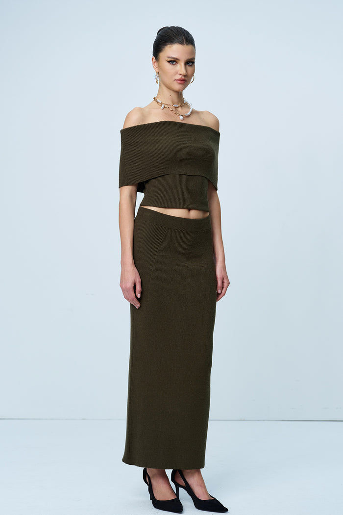 Aniston Strapless Ruch Split Knit Skirt Set In Green