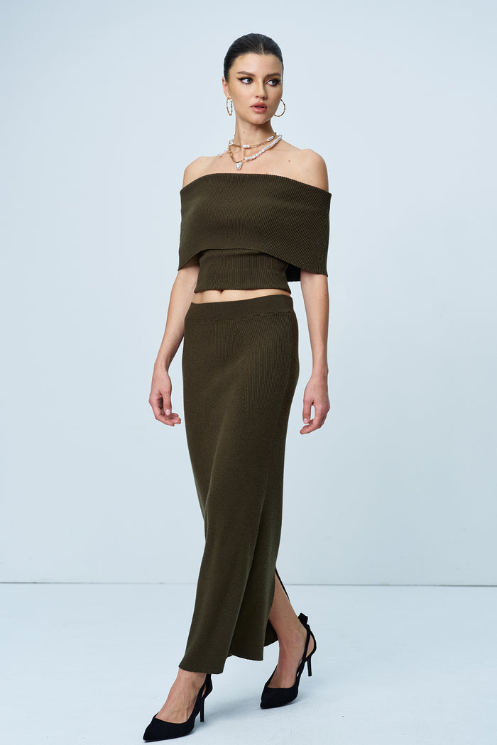 Aniston Strapless Ruch Split Knit Skirt Set In Green