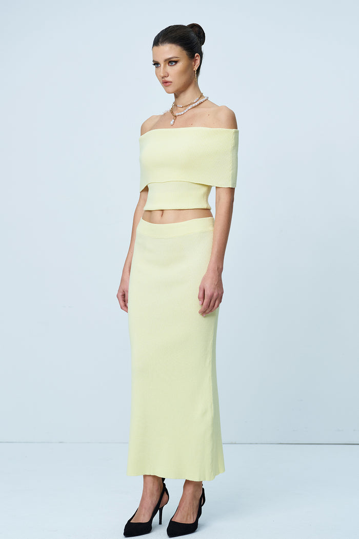 Aniston Strapless Ruch Split Knit Skirt Set In Yellow