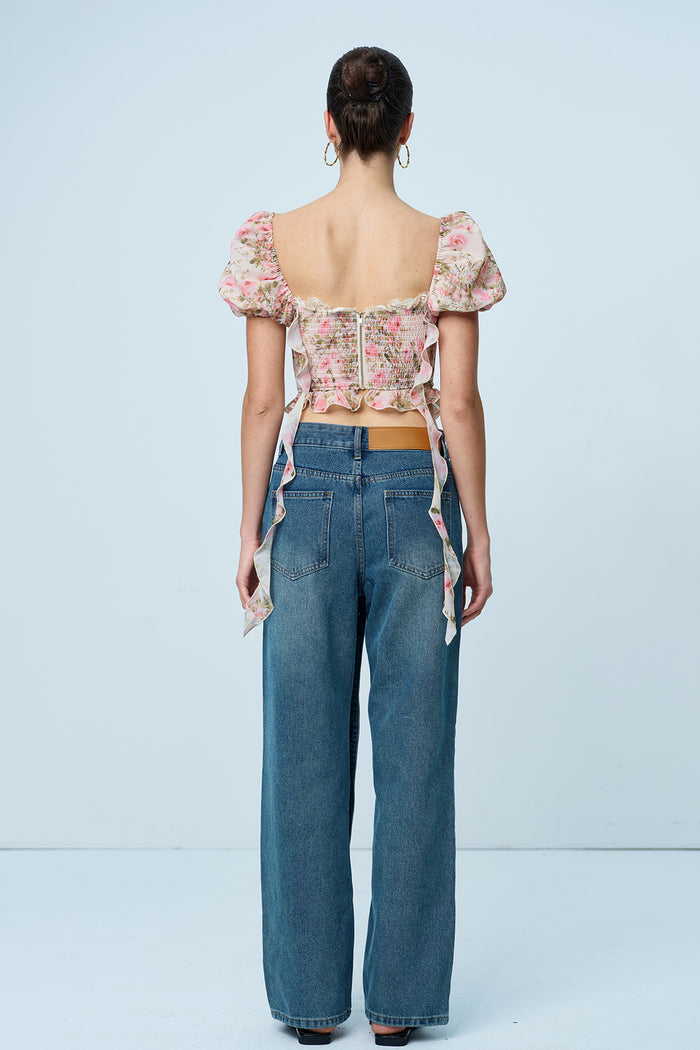 Anjea Balloon Sleeve Floral Lace Up Top