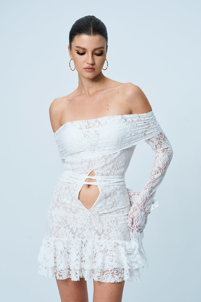 Annabelle Lace Ruffle Lace Up Cutout Mini Dress