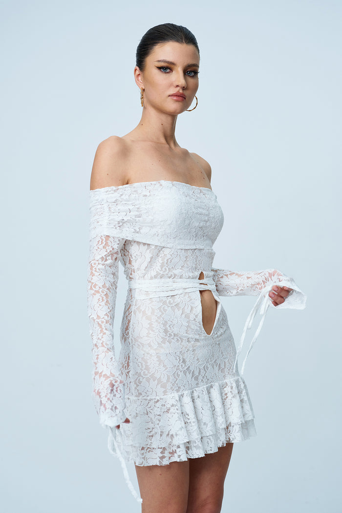 Annabelle Lace Ruffle Lace Up Cutout Mini Dress