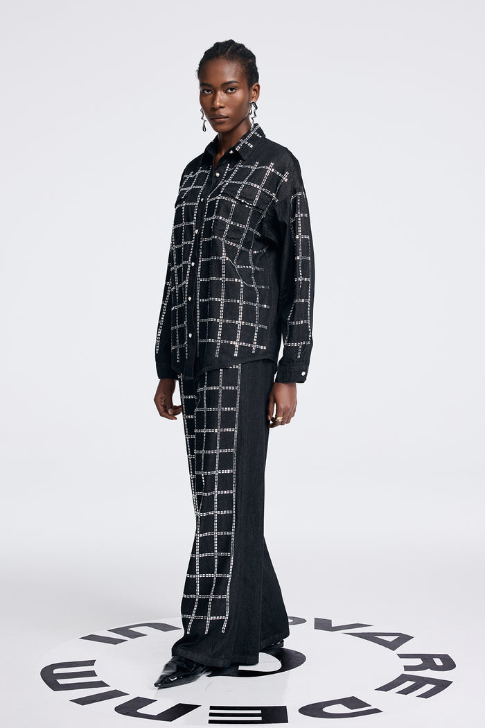 Aodh Rhinestone Grid Denim Shirt Pants Set In Black