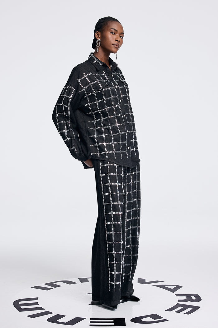 Aodh Rhinestone Grid Denim Shirt Pants Set In Black