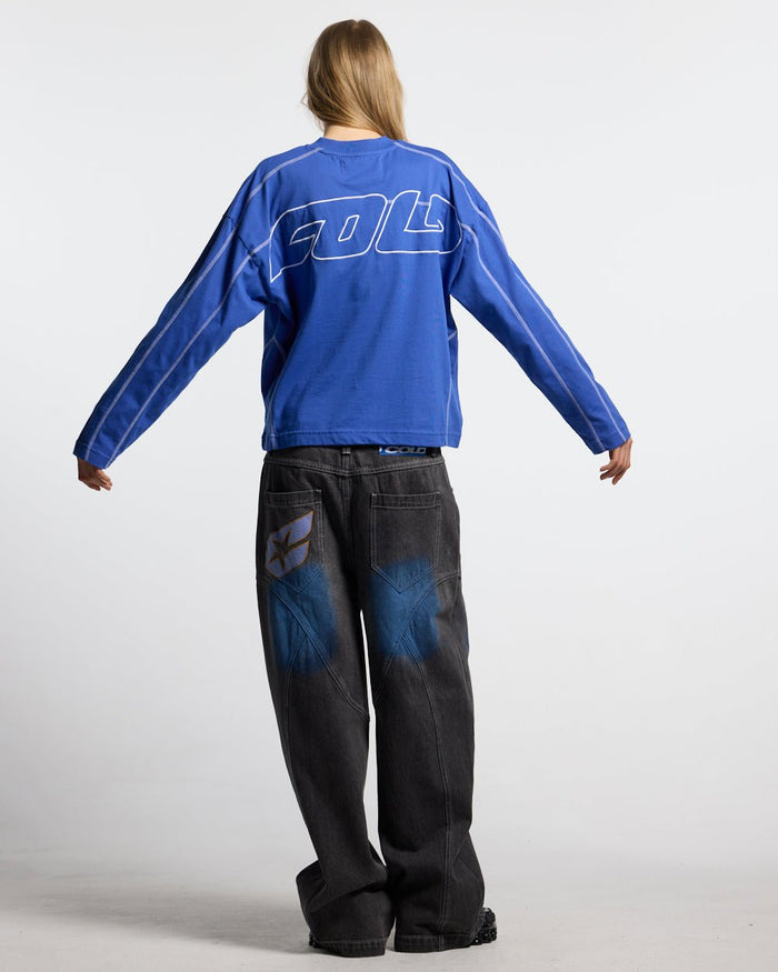 ARTWEAR JEANS GREY DENIM - grey washed denim pants, back view on female model - Cold Culture #woman