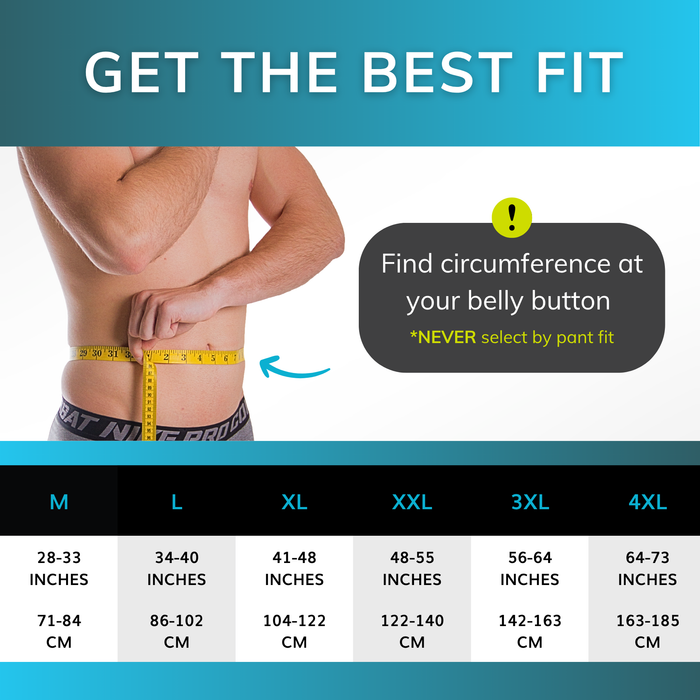 Sizing chart for the industrial back belt - measure the circumference around your stomach at your belly button. M-4XL fits circumferences 28 inches to 73 inches