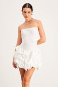 Baldric Strapless Ruch Puff Mini Dress In White