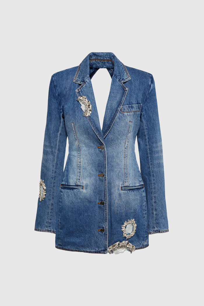 Baldwin Rhinestone Cutout Lapel Denim Mini Dress