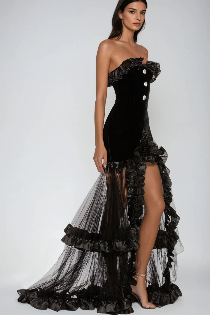 Barukh Ruffle Strapless Mesh Maxi Dress