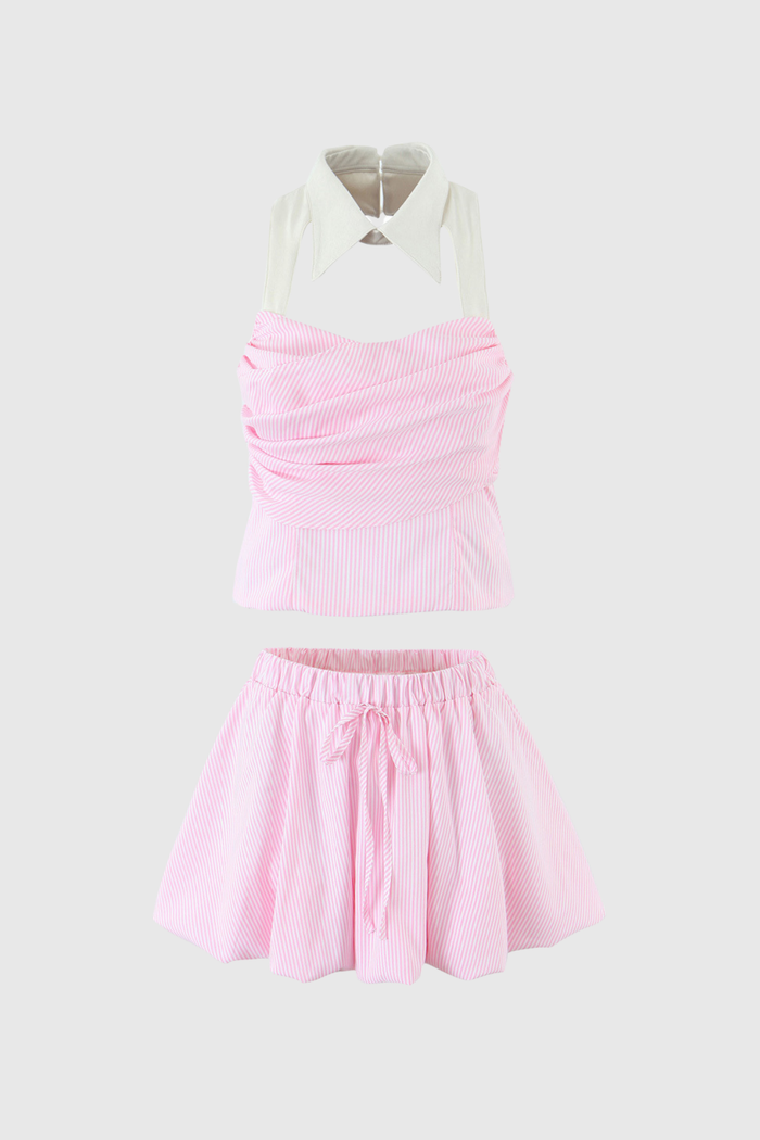 Batbayar Polo Neck Stripe Cutout Skirt Set