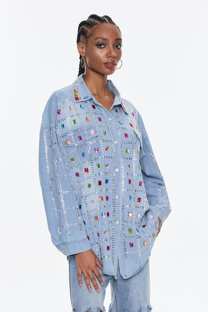 Belisario Rhinestone Grid Denim Shirt