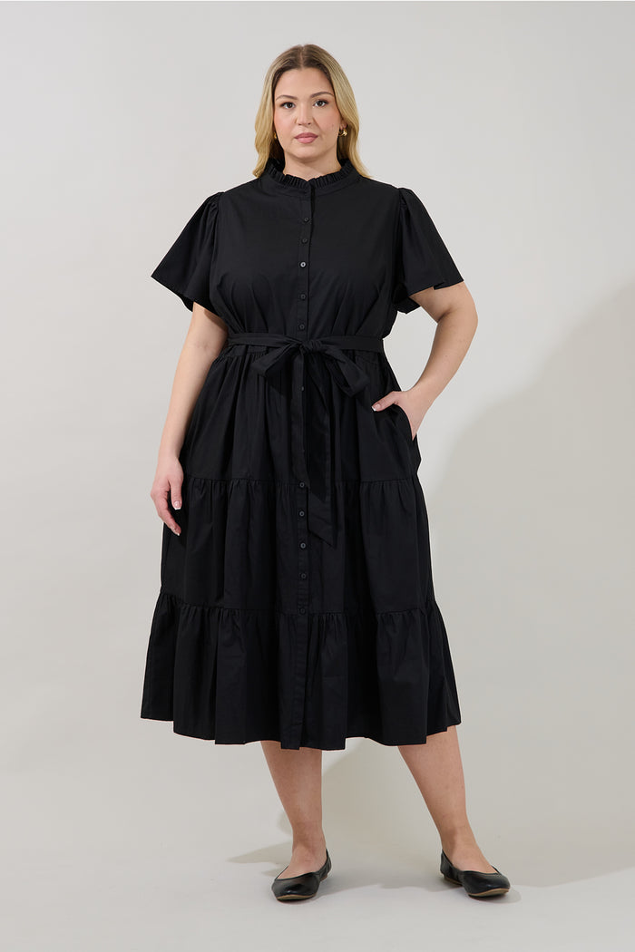 Bellucci Poplin Button Front Tiered Midi Dress Curve