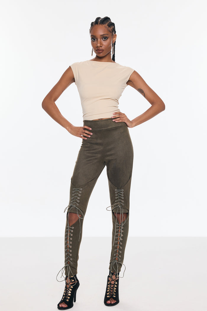 Benicio Suede Cutout Lace Up Bodycon Pants