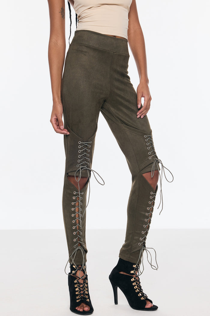 Benicio Suede Cutout Lace Up Bodycon Pants