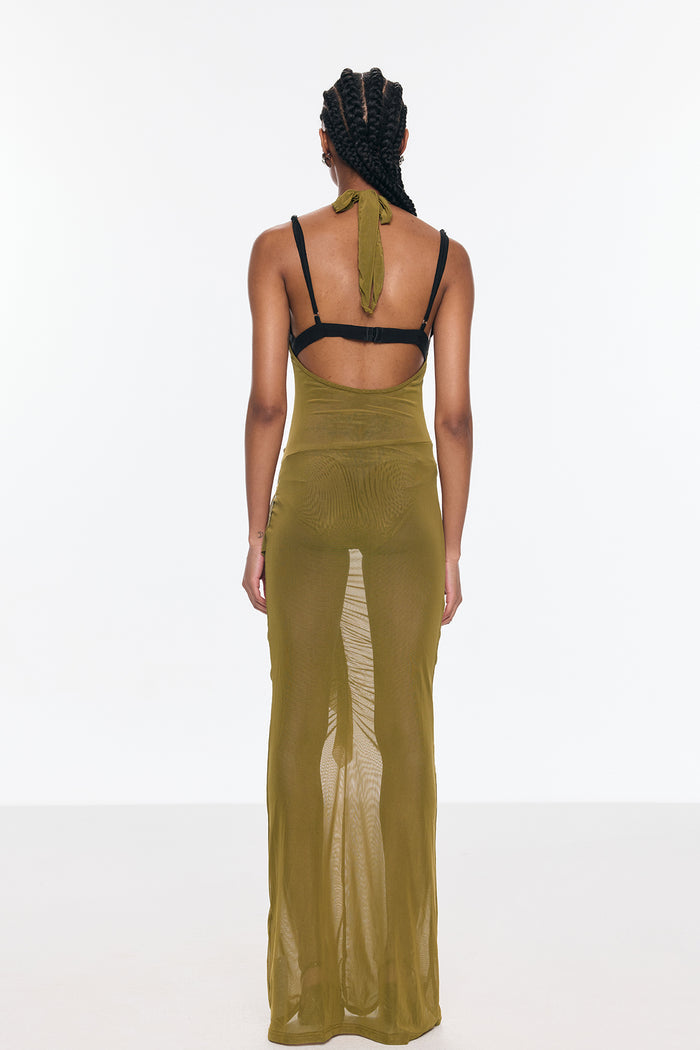 Beonica Mesh Ruch Asymmetric Cutout Maxi Dress