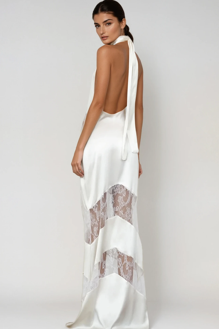 Bernal Satin Lace Cutout Floral Maxi Dress In White