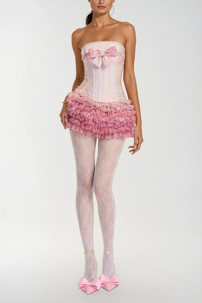 Bert Strapless Bow Mesh Ruffle Skirt Set