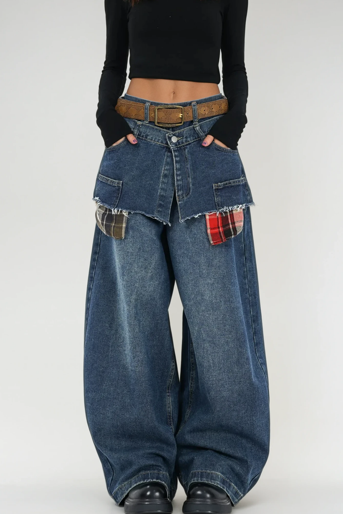 Bertie Deconstruct Plaid Barrel Jeans