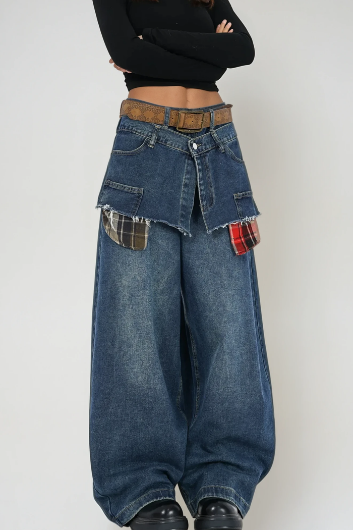Bertie Deconstruct Plaid Barrel Jeans