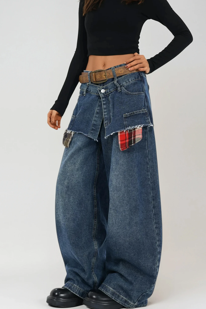 Bertie Deconstruct Plaid Barrel Jeans