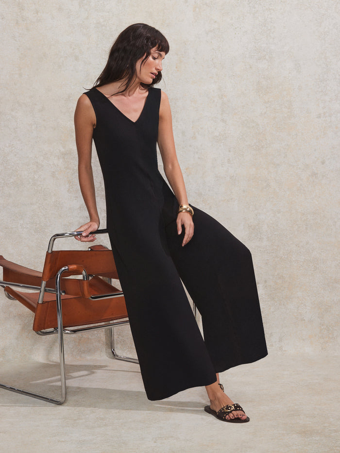 Black Jersey V Neck Jumpsuit