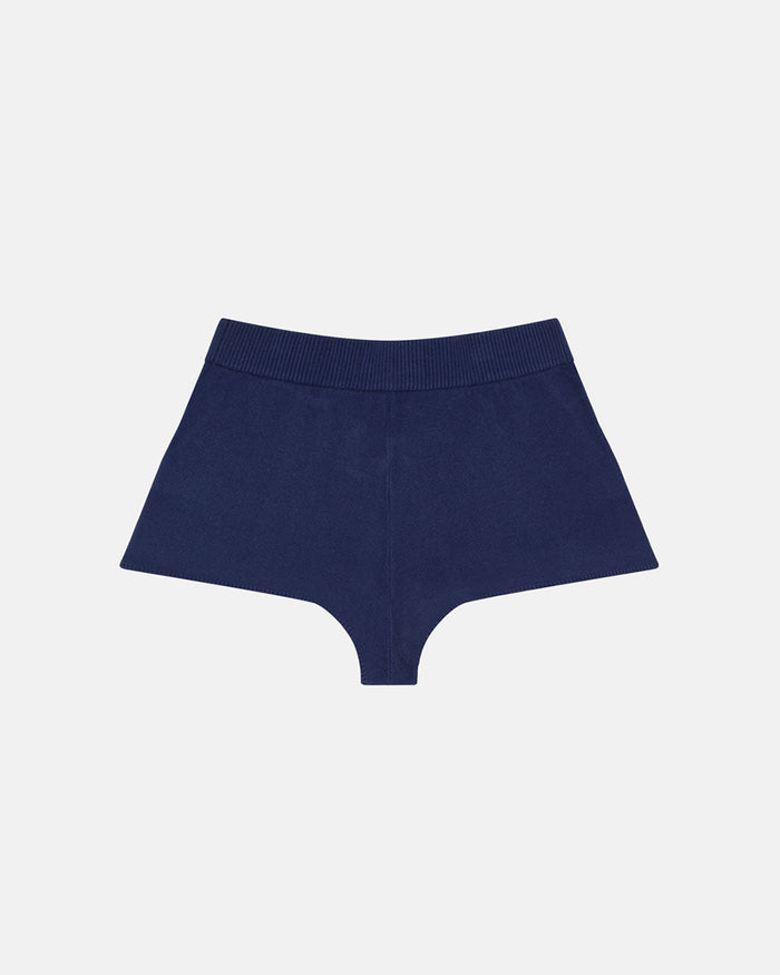 BODY LANGUAGE KNITTED SHORT BLUE - navy blue knitted shorts, back view - Cold Culture
