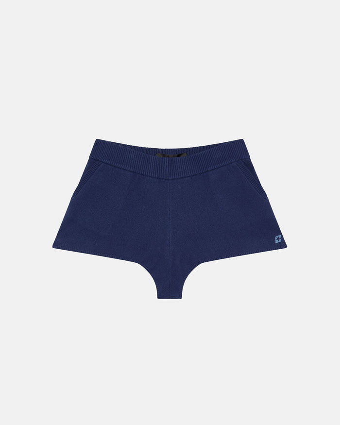 BODY LANGUAGE KNITTED SHORT BLUE - navy blue knitted shorts, front view - Cold Culture