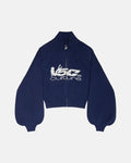 BODY LANGUAGE ZIP KNIT BLUEPRINT - navy cropped zip-up knit sweater, front view - Cold Culture