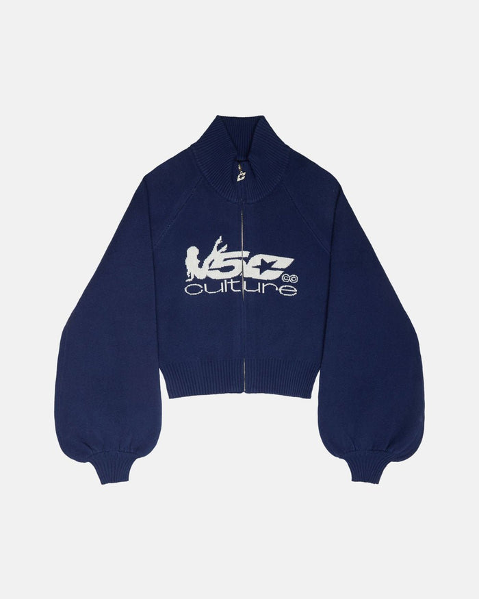 BODY LANGUAGE ZIP KNIT BLUEPRINT - navy cropped zip-up knit sweater, front view - Cold Culture