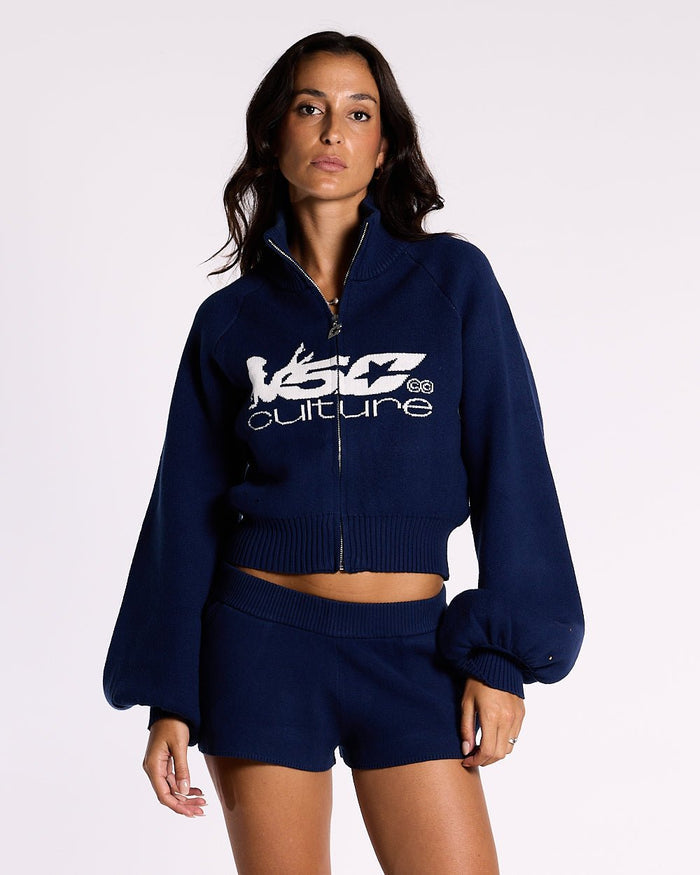 BODY LANGUAGE ZIP KNIT BLUEPRINT - navy cropped zip-up knit sweater, front view on female model - Cold Culture #woman