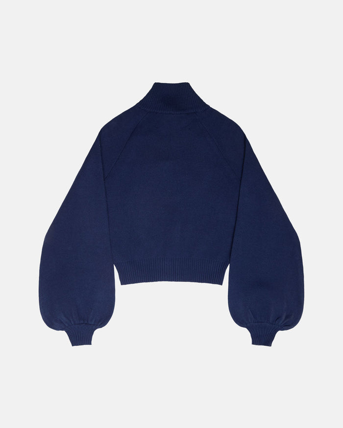 BODY LANGUAGE ZIP KNIT BLUEPRINT - navy cropped zip-up knit sweater, back view - Cold Culture