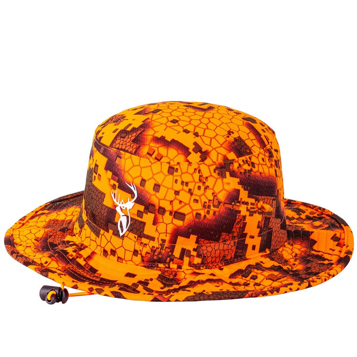 A camouflage boonie hat with a logo on the front.