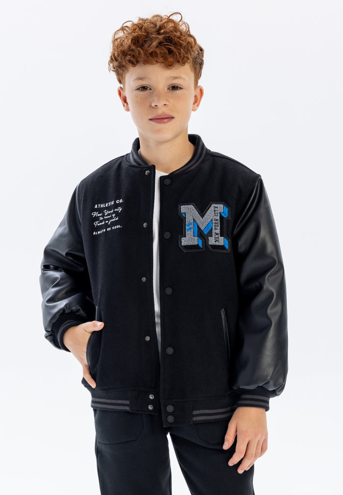Baseball Jacket Black Faux Leather Sleeves, Sports - 1