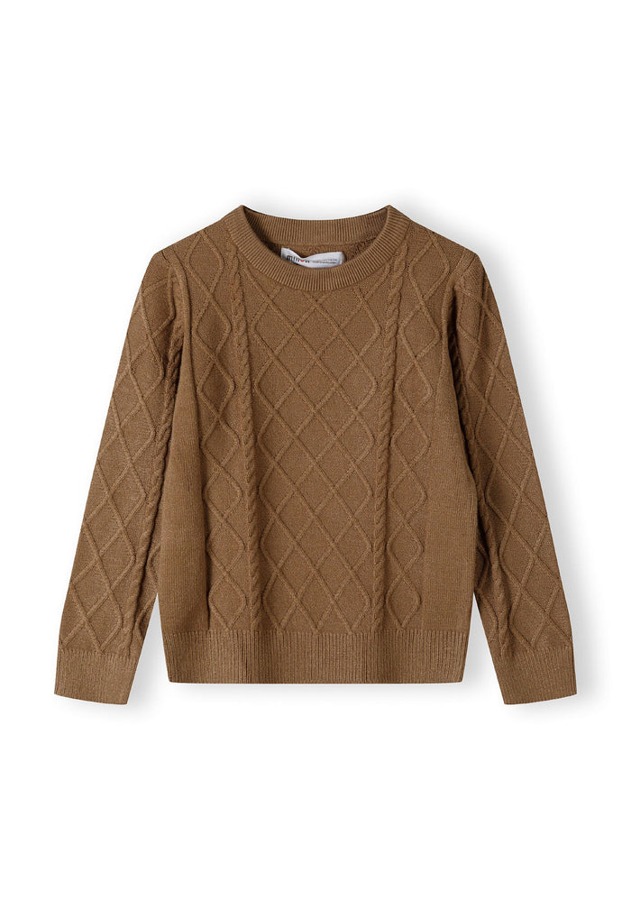 Boys brown cable knit sweater, crew neck, featuring ribbed trims.