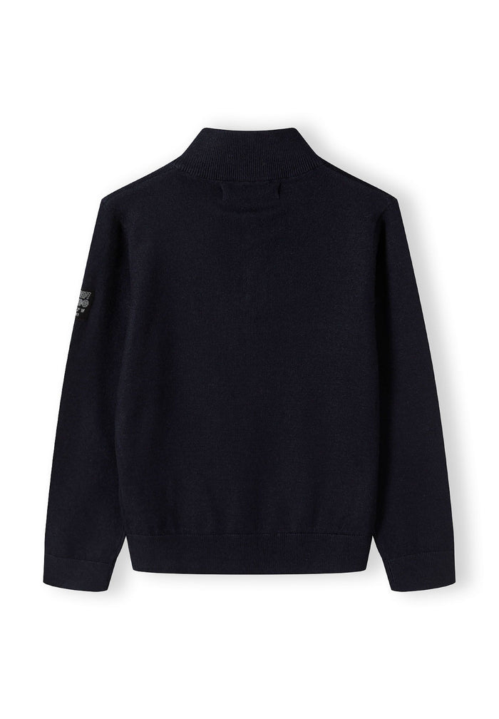 Boys half zip jumper, navy, back view with stand collar and ribbed cuffs.