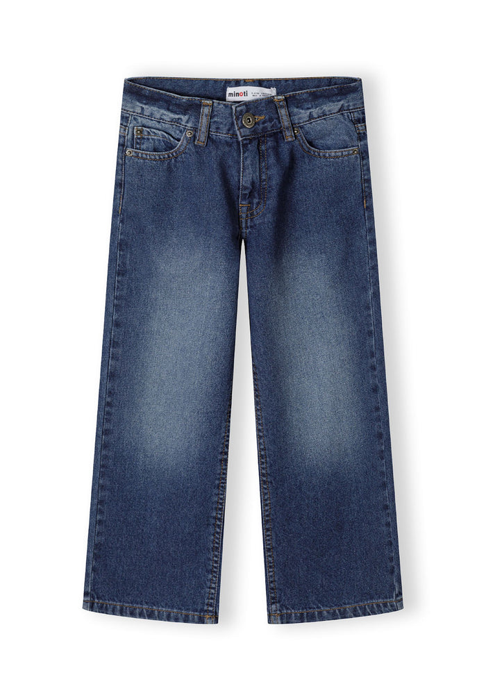 Boys baggy fit denim jeans, zip front, five-pocket design, front view.